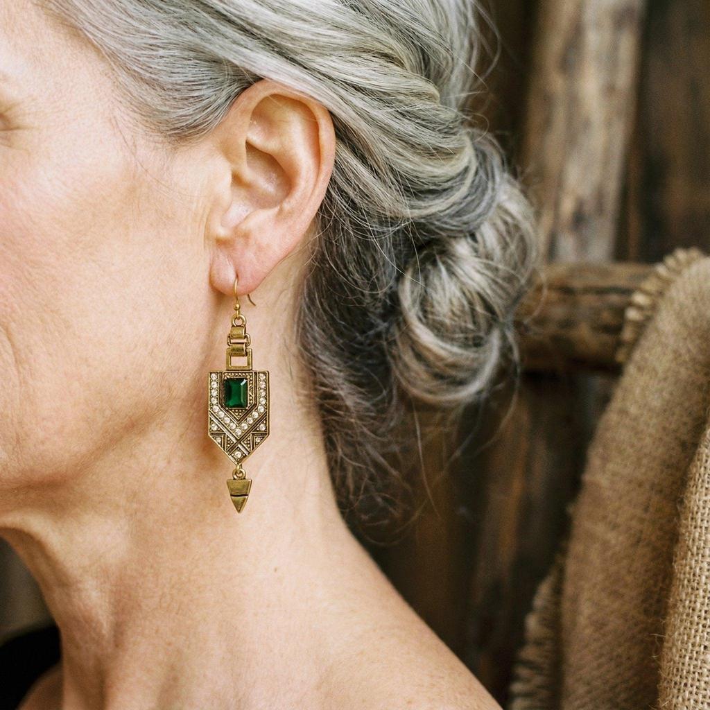 Boucles d’oreilles géométriques rétro dorées et vertes
