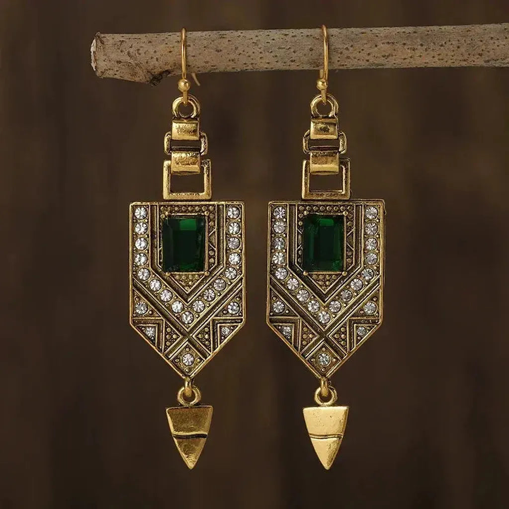 Boucles d’oreilles géométriques rétro dorées et vertes
