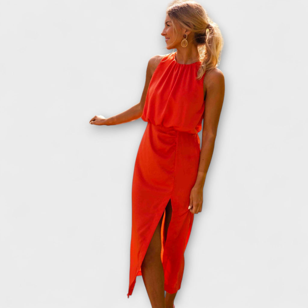 Liene - Robe Midi Élégante Rouge à Fente