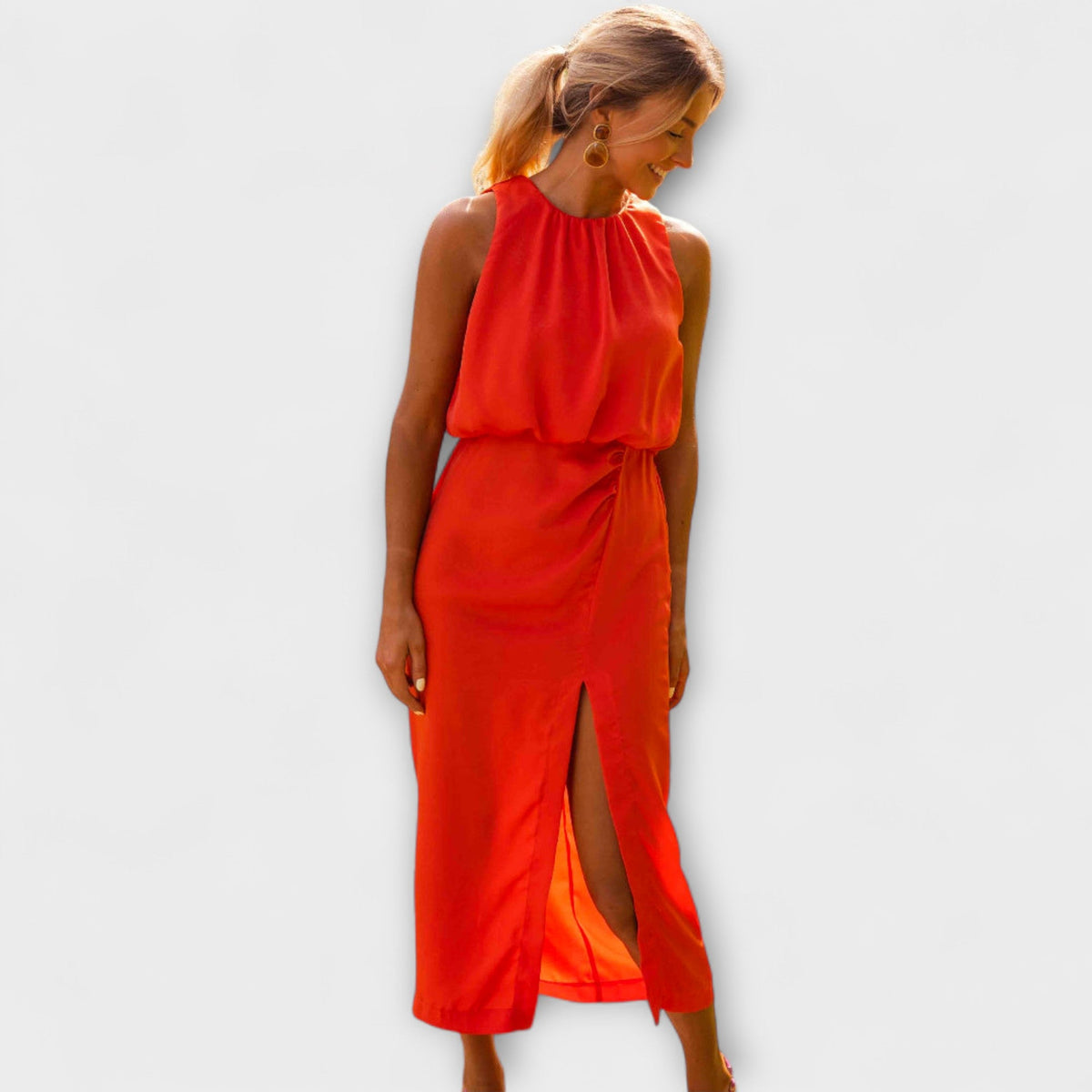 Liene - Robe Midi Élégante Rouge à Fente