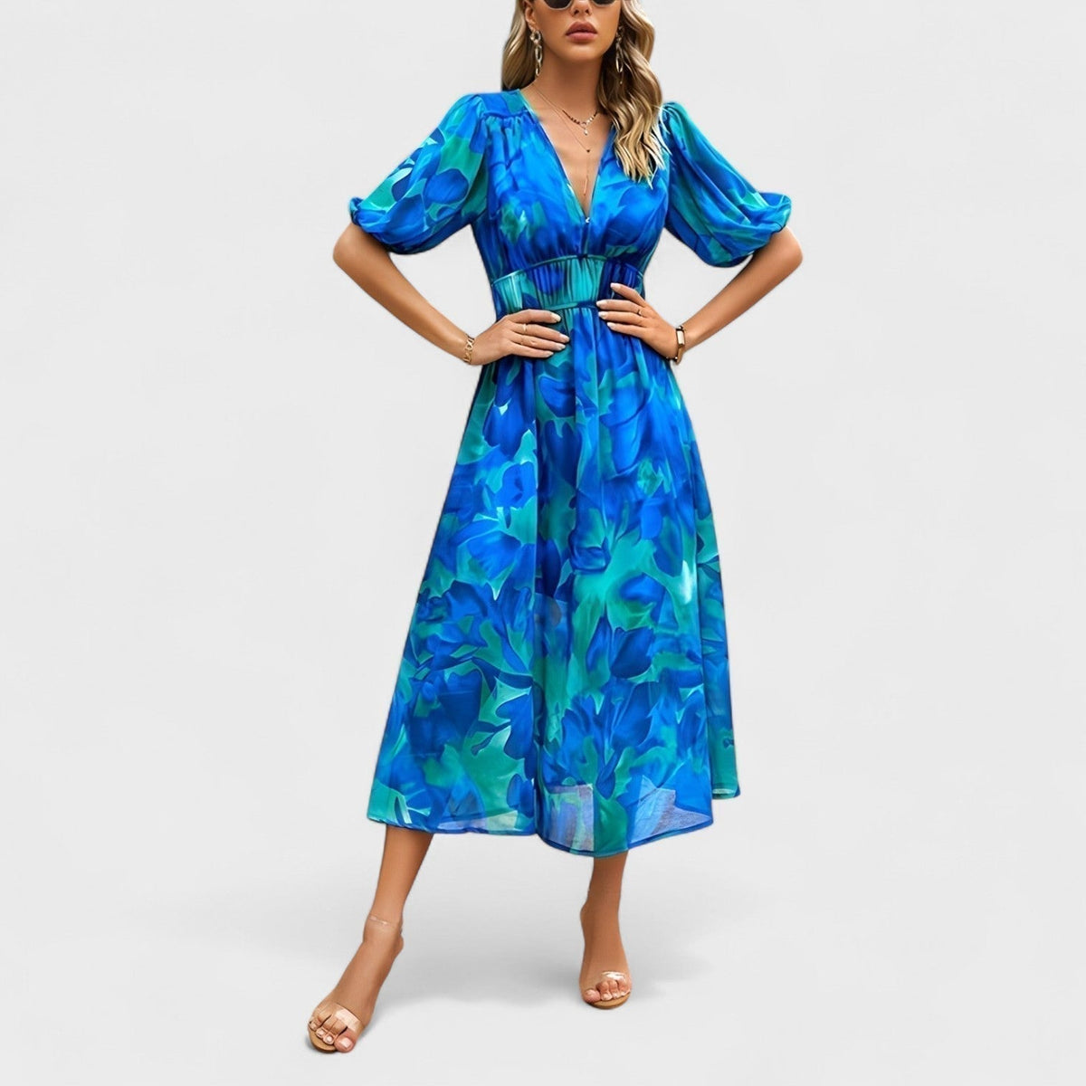 Clara - Robe Midi Bleue à Motif Floral