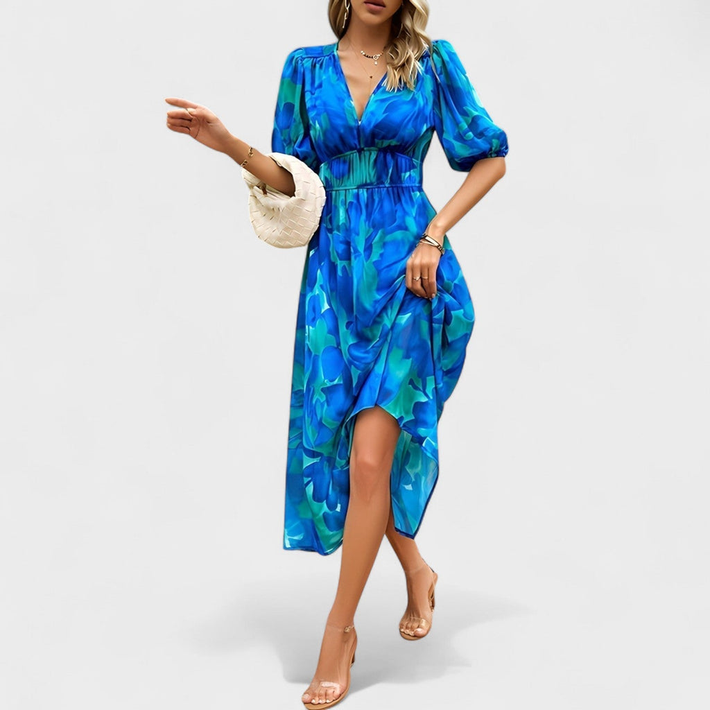 Clara - Robe Midi Bleue à Motif Floral