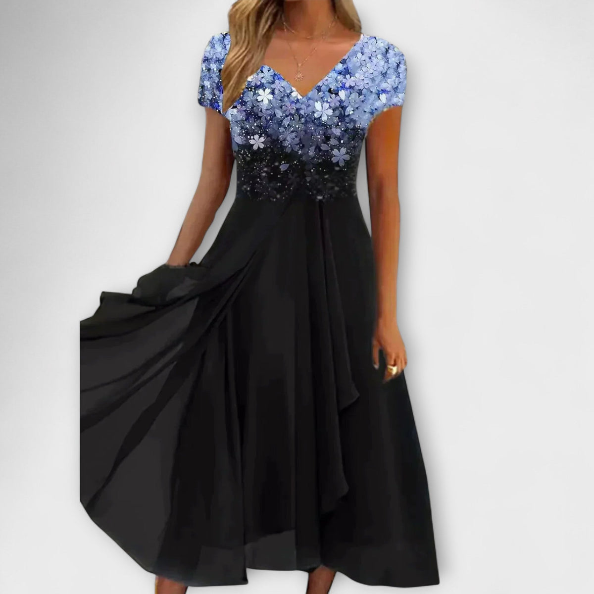 Lara - Robe de Soirée en Mousseline Noire à Haut Fleuri