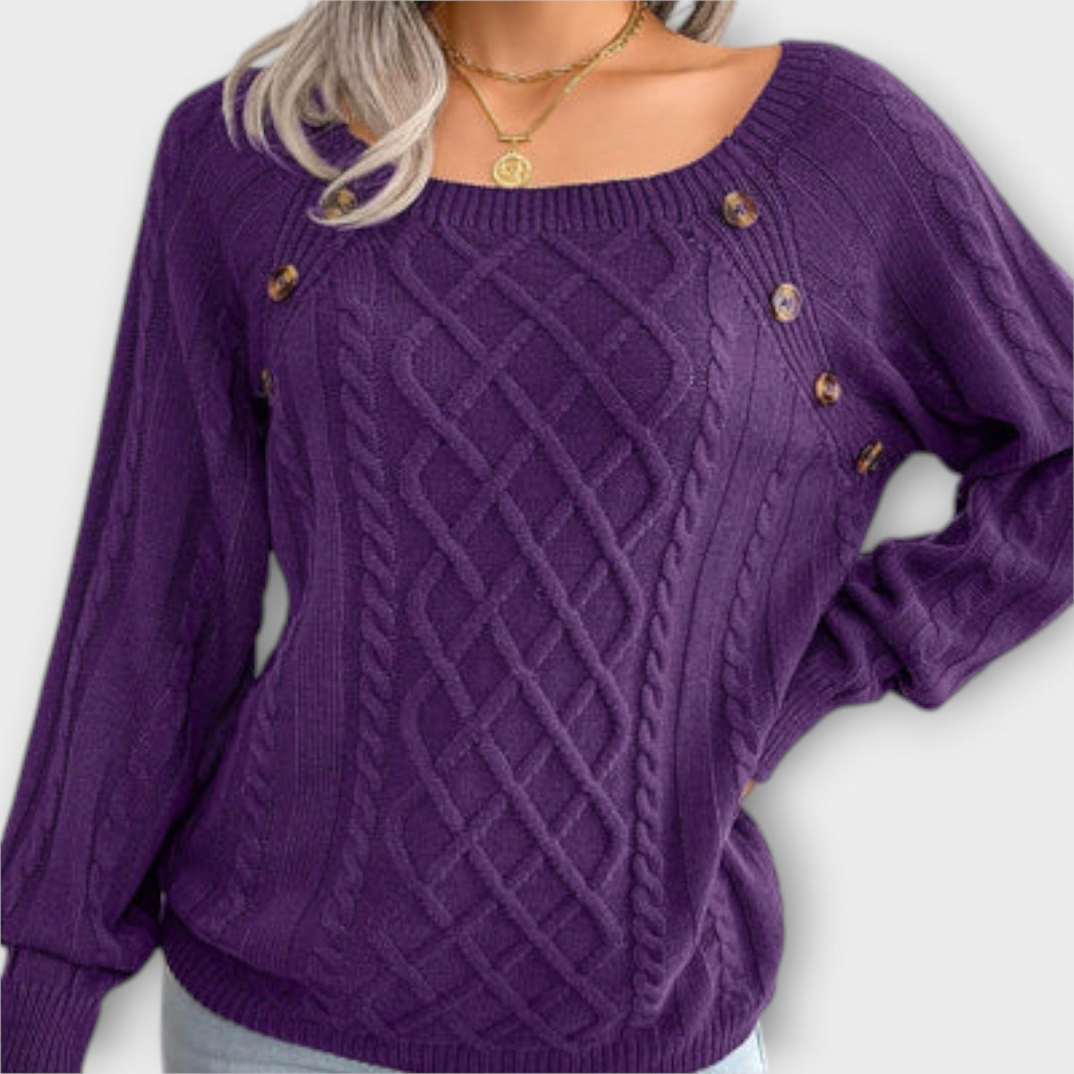 Malia - Pull Gris Foncé à Boutons et Torsades