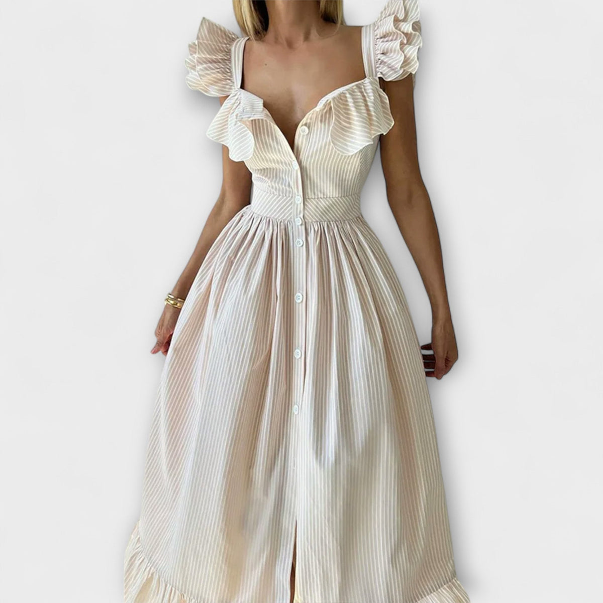 Lia - Robe Longue Chemisier à Volants Crème