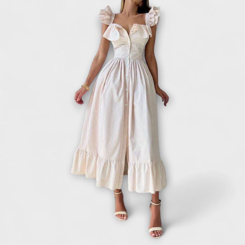 Lia - Robe Longue Chemisier à Volants Crème