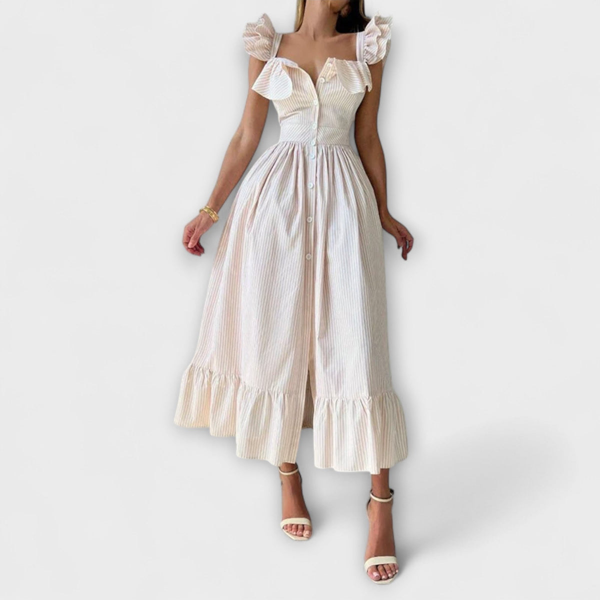 Lia - Robe Longue Chemisier à Volants Crème