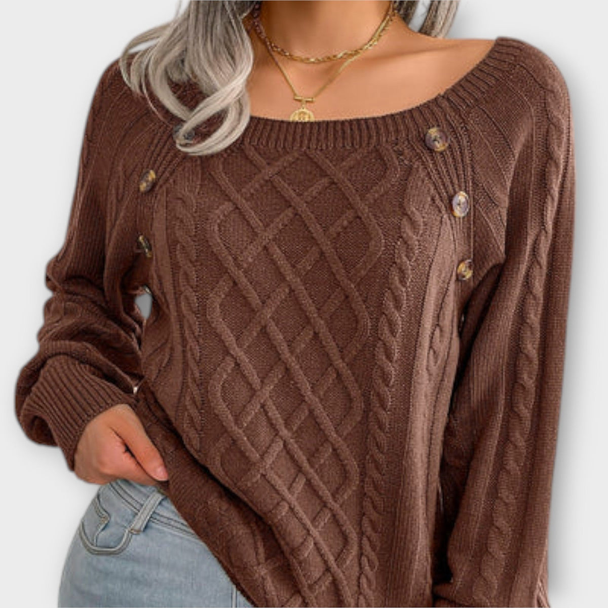 Malia - Pull Gris Foncé à Boutons et Torsades