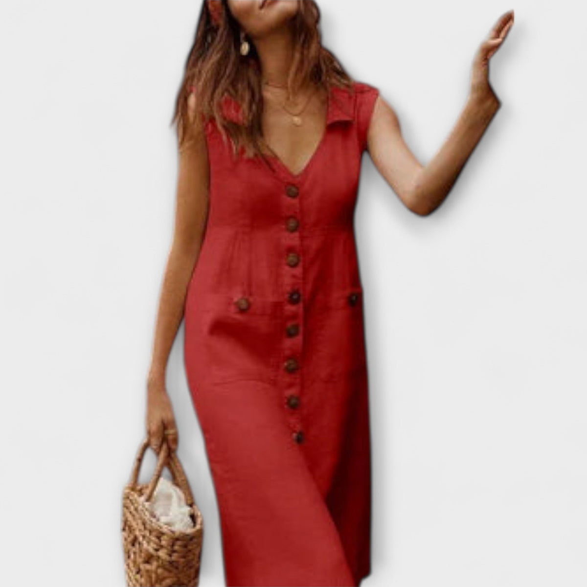 Nora - Robe Trapèze en Lin Rouge à Boutons