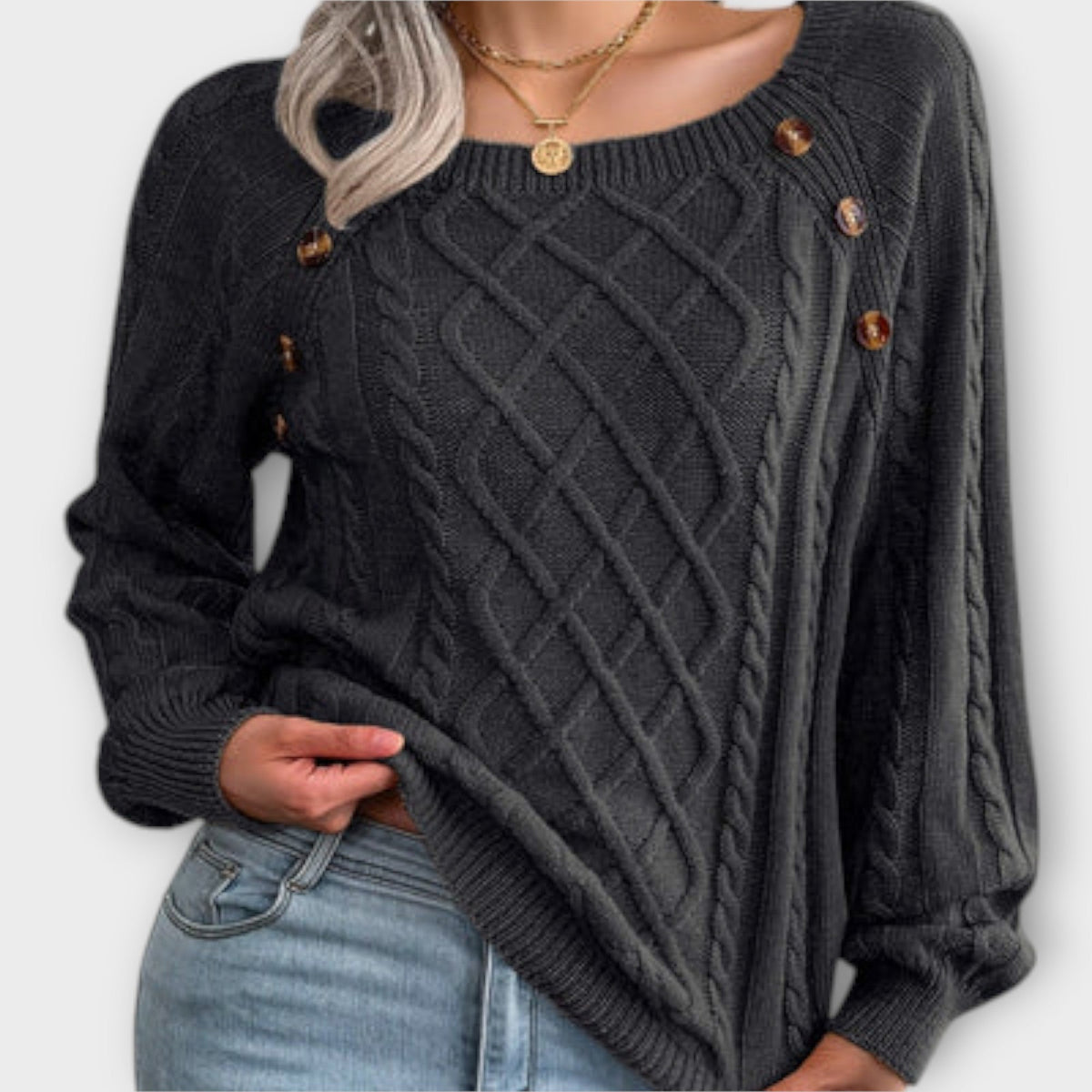 Malia - Pull Gris Foncé à Boutons et Torsades