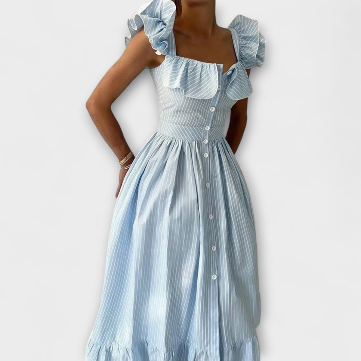 Lia - Robe Longue Chemisier à Volants Crème
