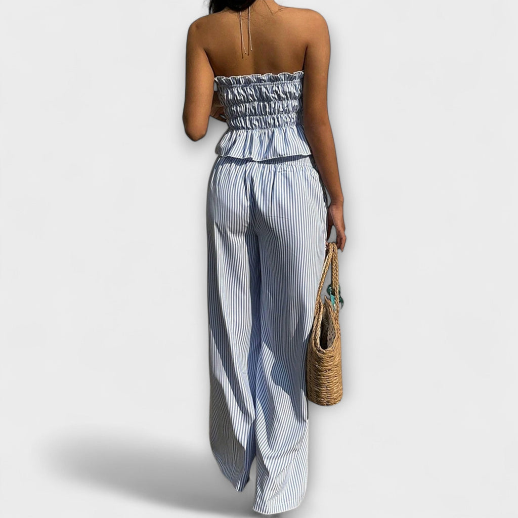 Mia - Ensemble Pantalon Bleu Clair avec Haut à Volants
