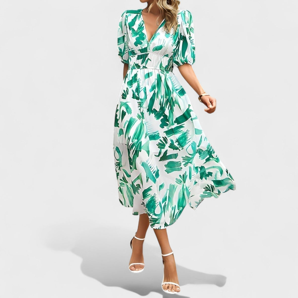 Clara - Robe Midi Bleue à Motif Floral