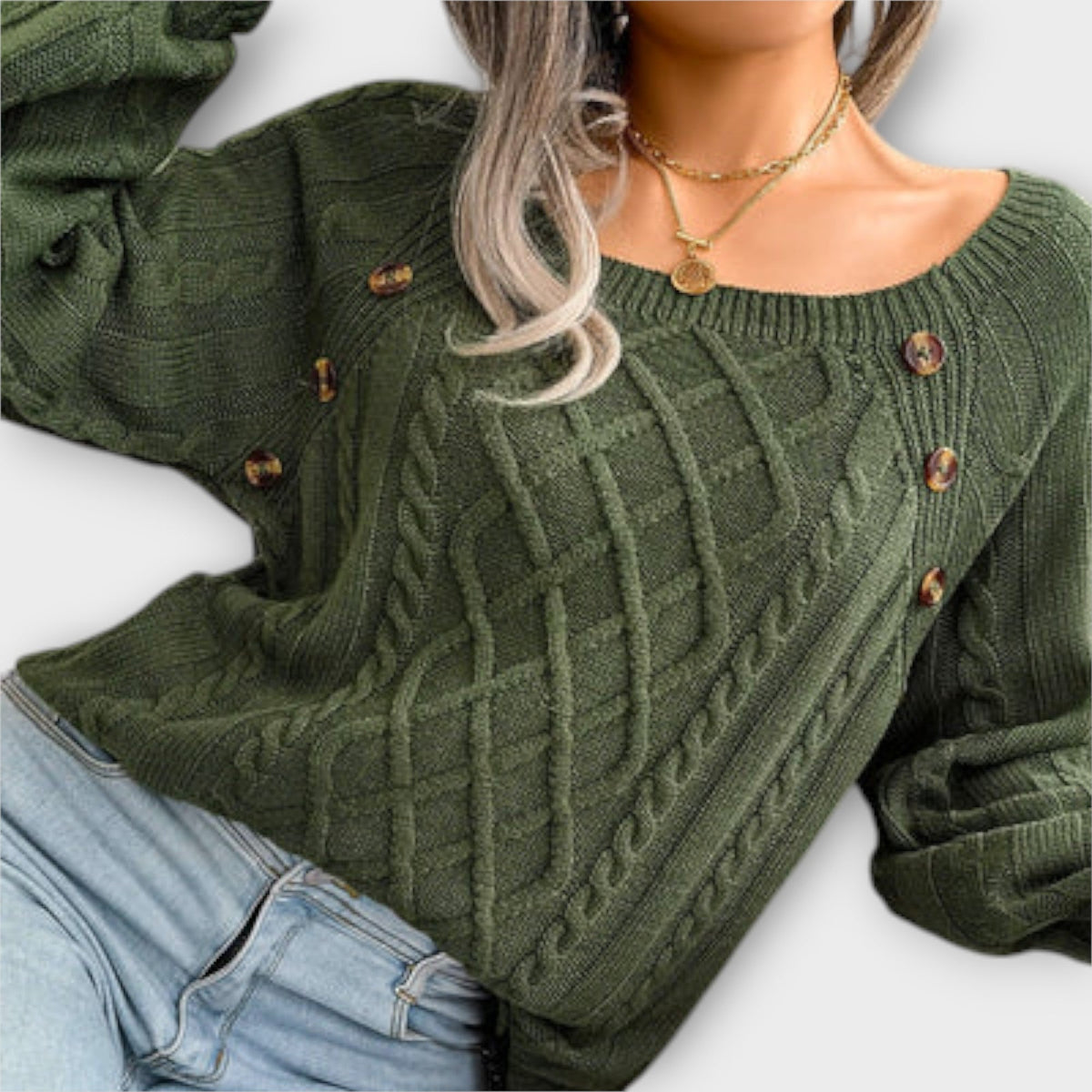 Malia - Pull Gris Foncé à Boutons et Torsades