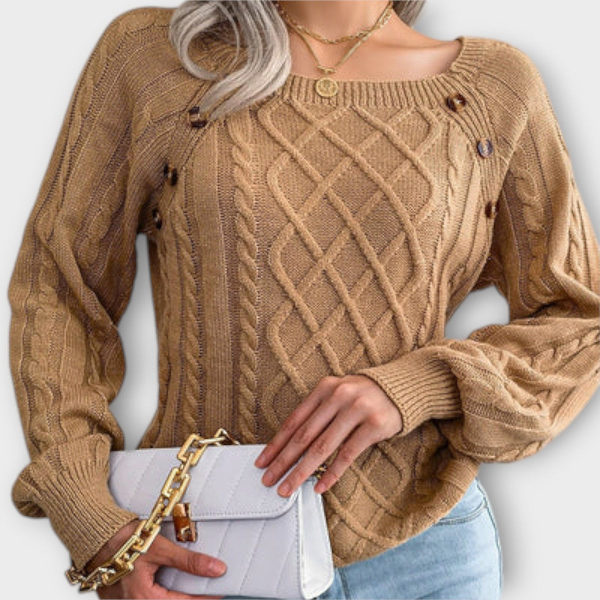 Malia - Pull Gris Foncé à Boutons et Torsades