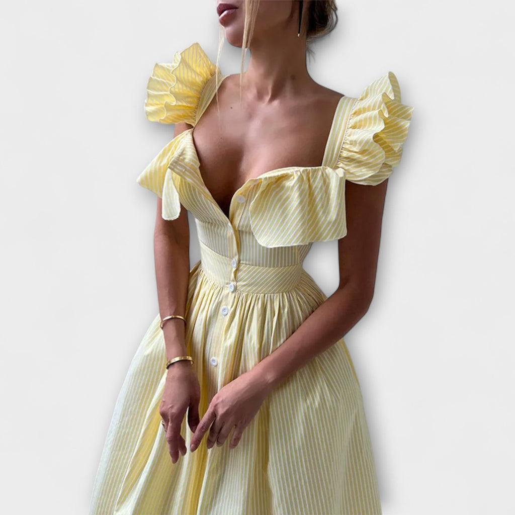 Lia - Robe Longue Chemisier à Volants Crème