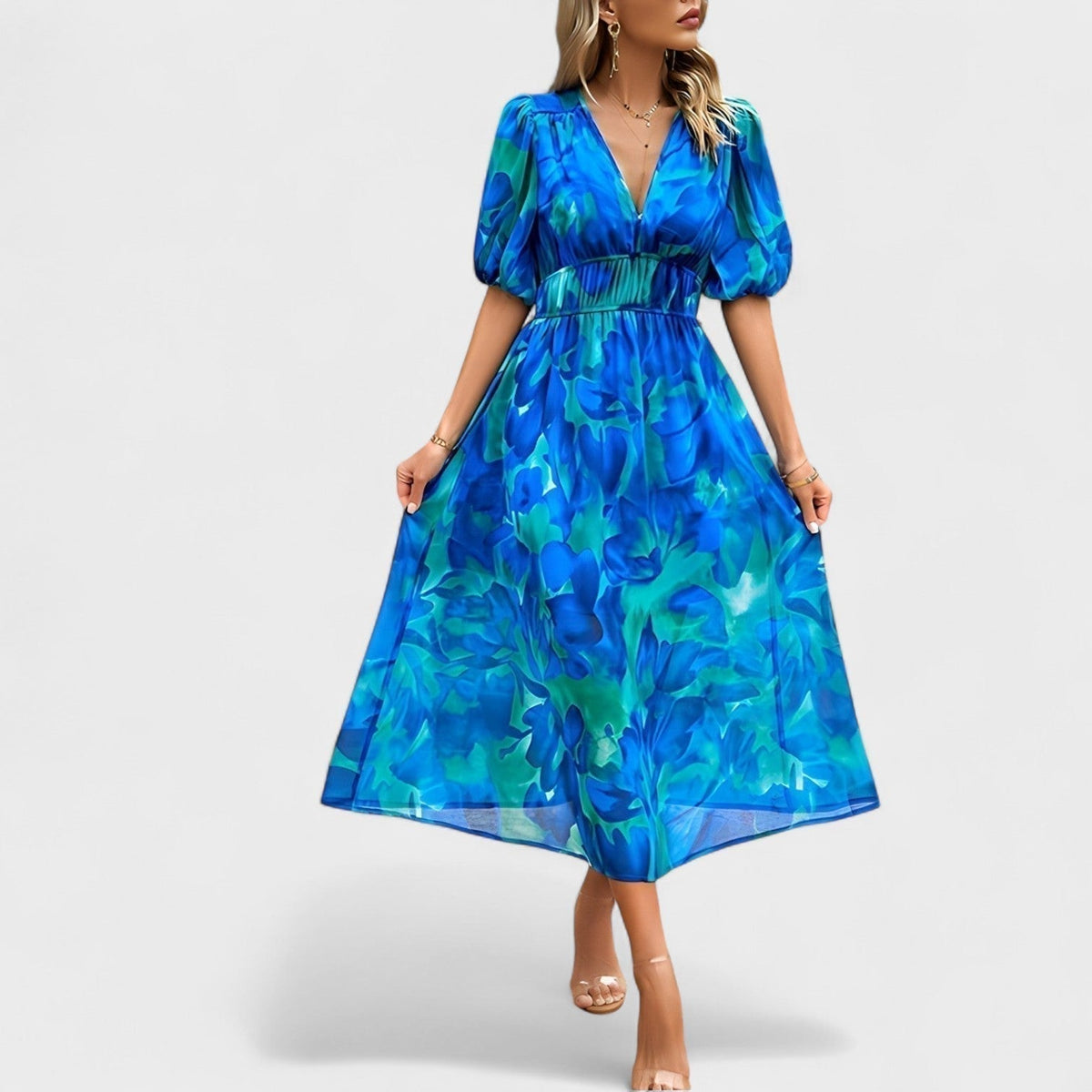 Clara - Robe Midi Bleue à Motif Floral