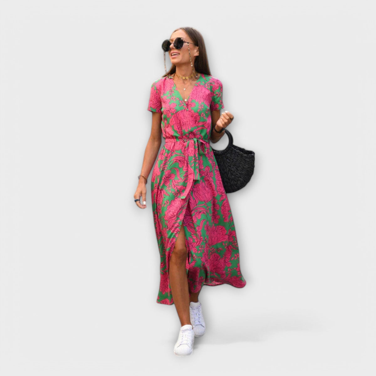 Eshel - Robe Confortable Rose et Vert à Motif Floral