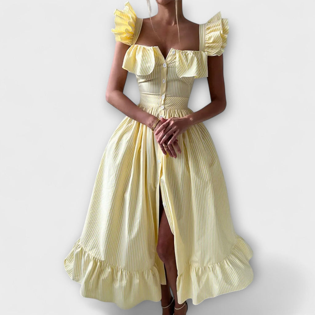 Lia - Robe Longue Chemisier à Volants Crème