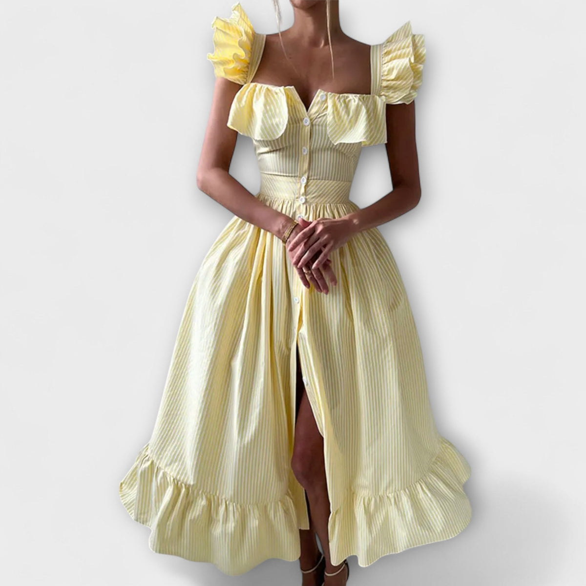 Lia - Robe Longue Chemisier à Volants Crème