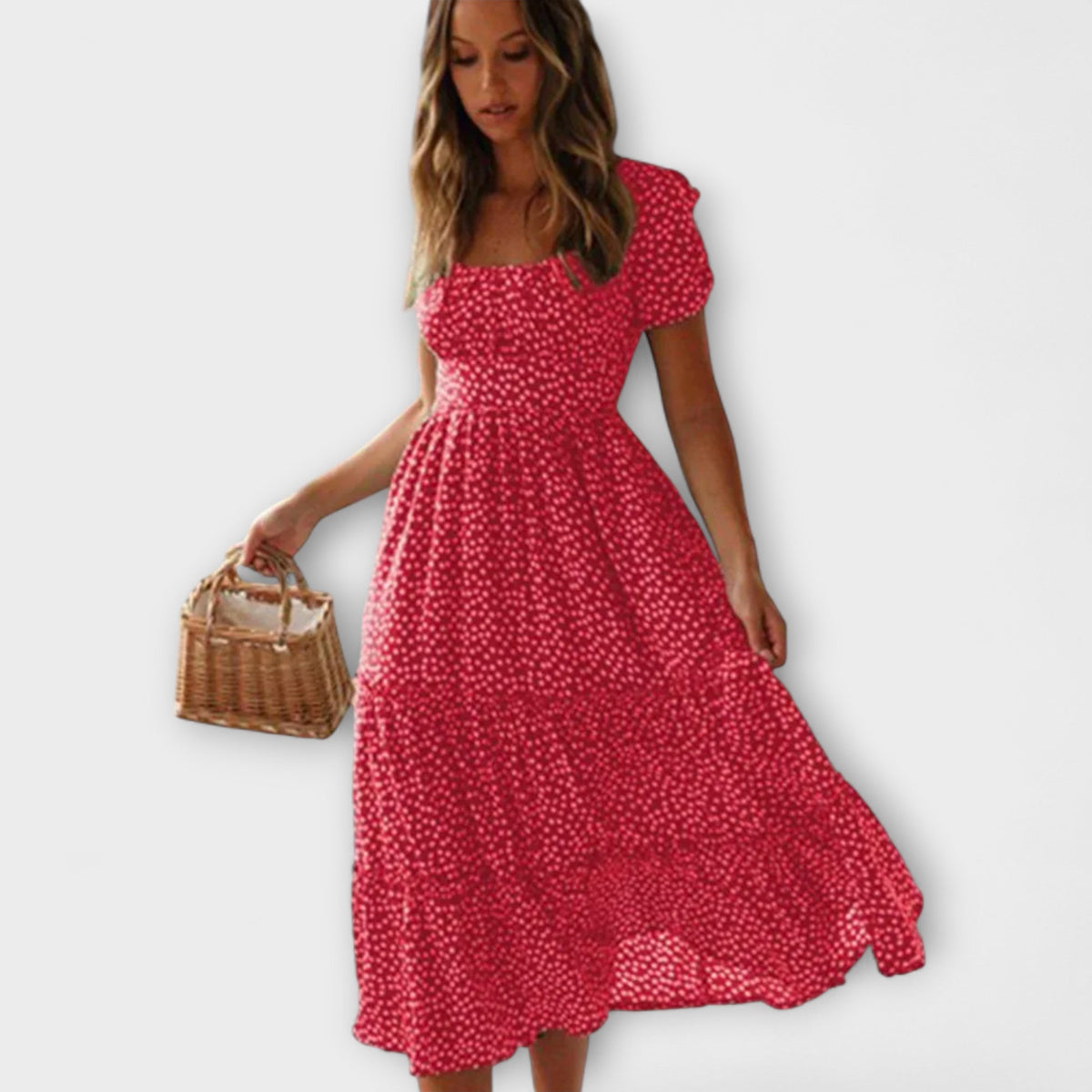 Robe Longue Vintage à Motif Floral Rouge et Manches Bouffantes