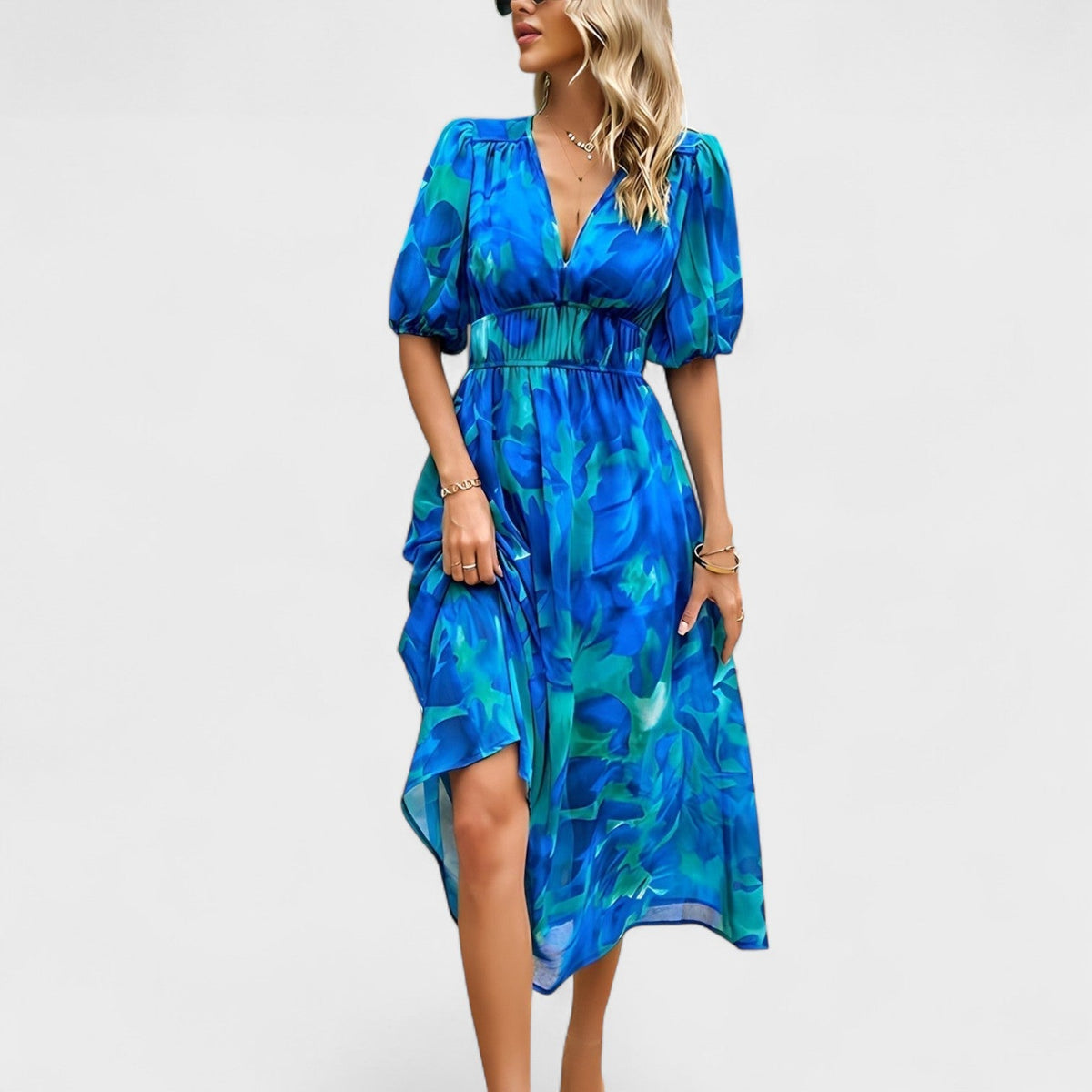 Clara - Robe Midi Bleue à Motif Floral