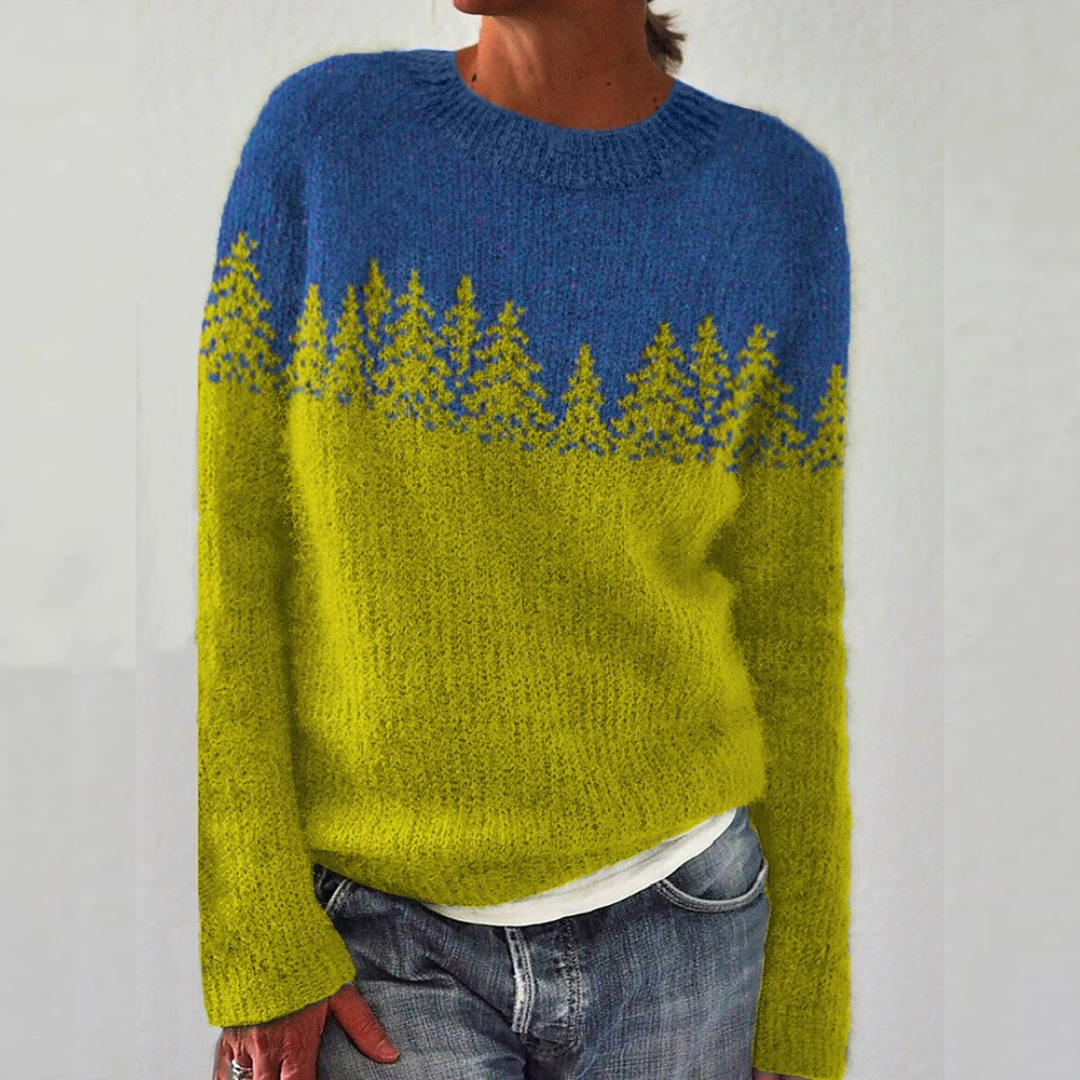 Rikarda | Pull Rétro Bleu et Jaune à Motif Sapin
