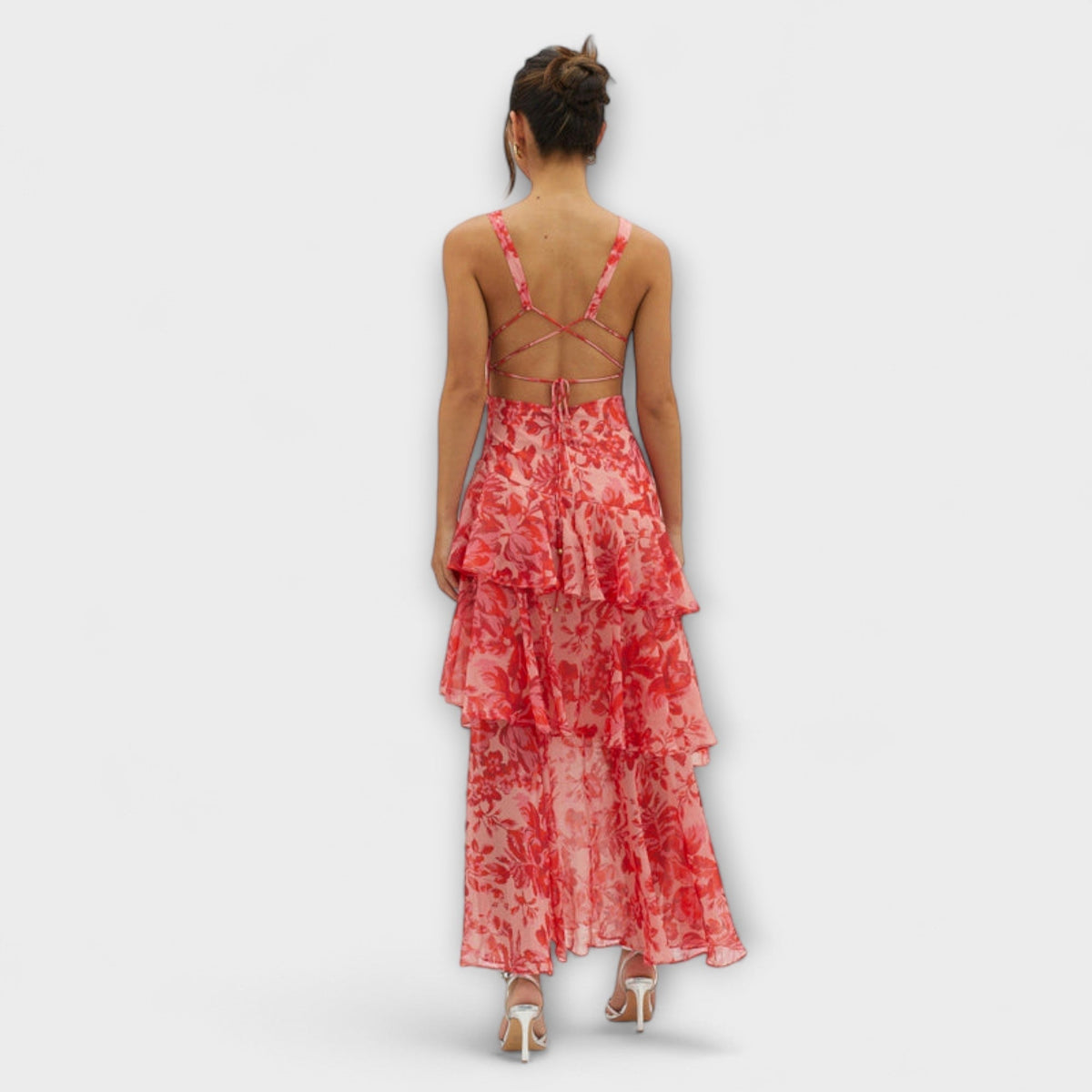 Faye - Robe Midi à Étages Rouge à Motif Floral