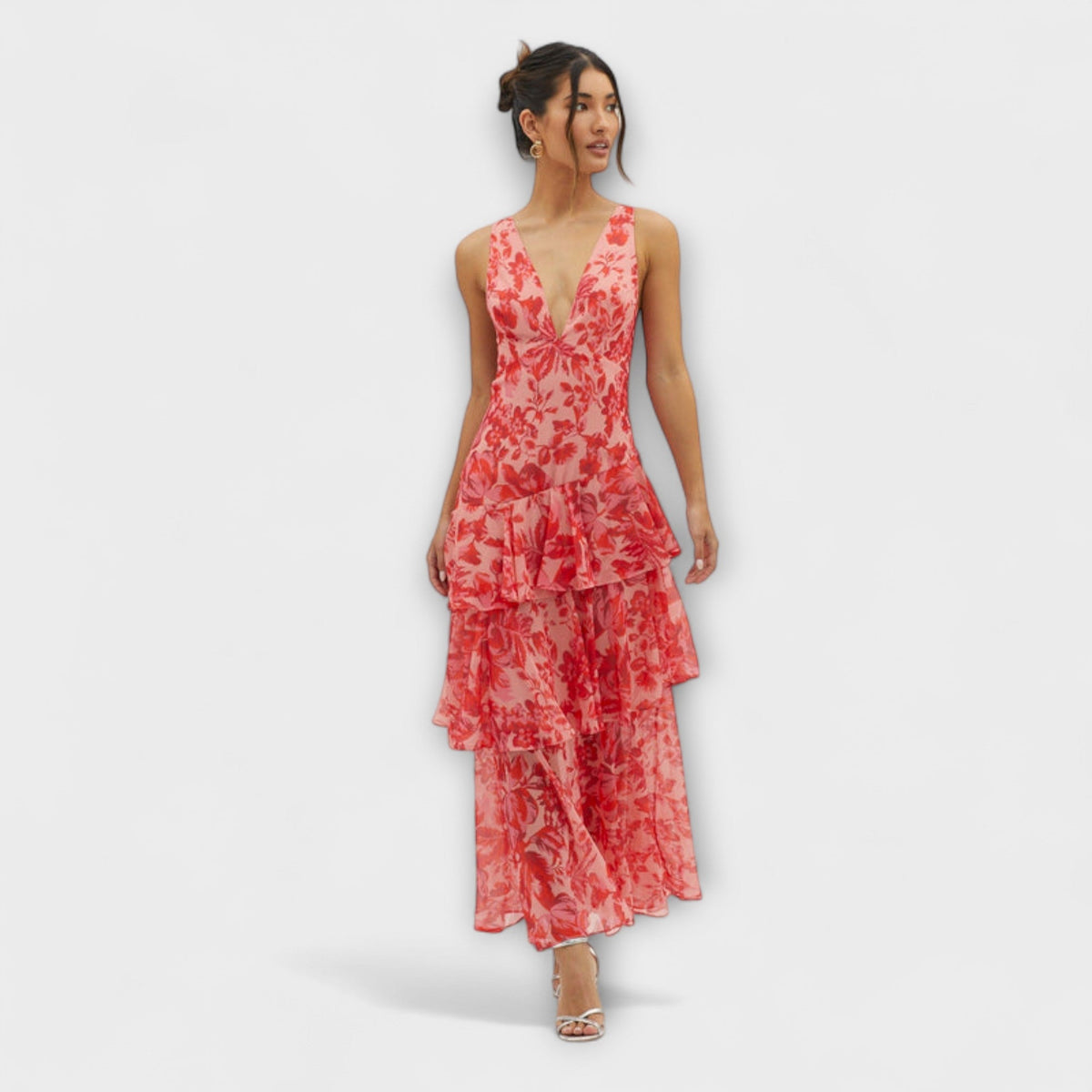 Faye - Robe Midi à Étages Rouge à Motif Floral