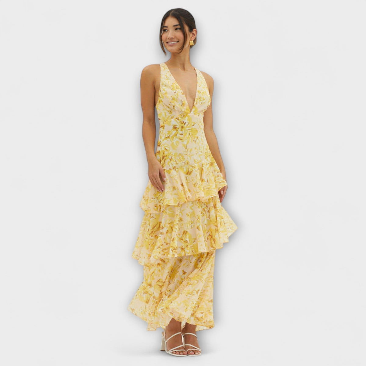 Faye - Robe Midi à Étages Rouge à Motif Floral