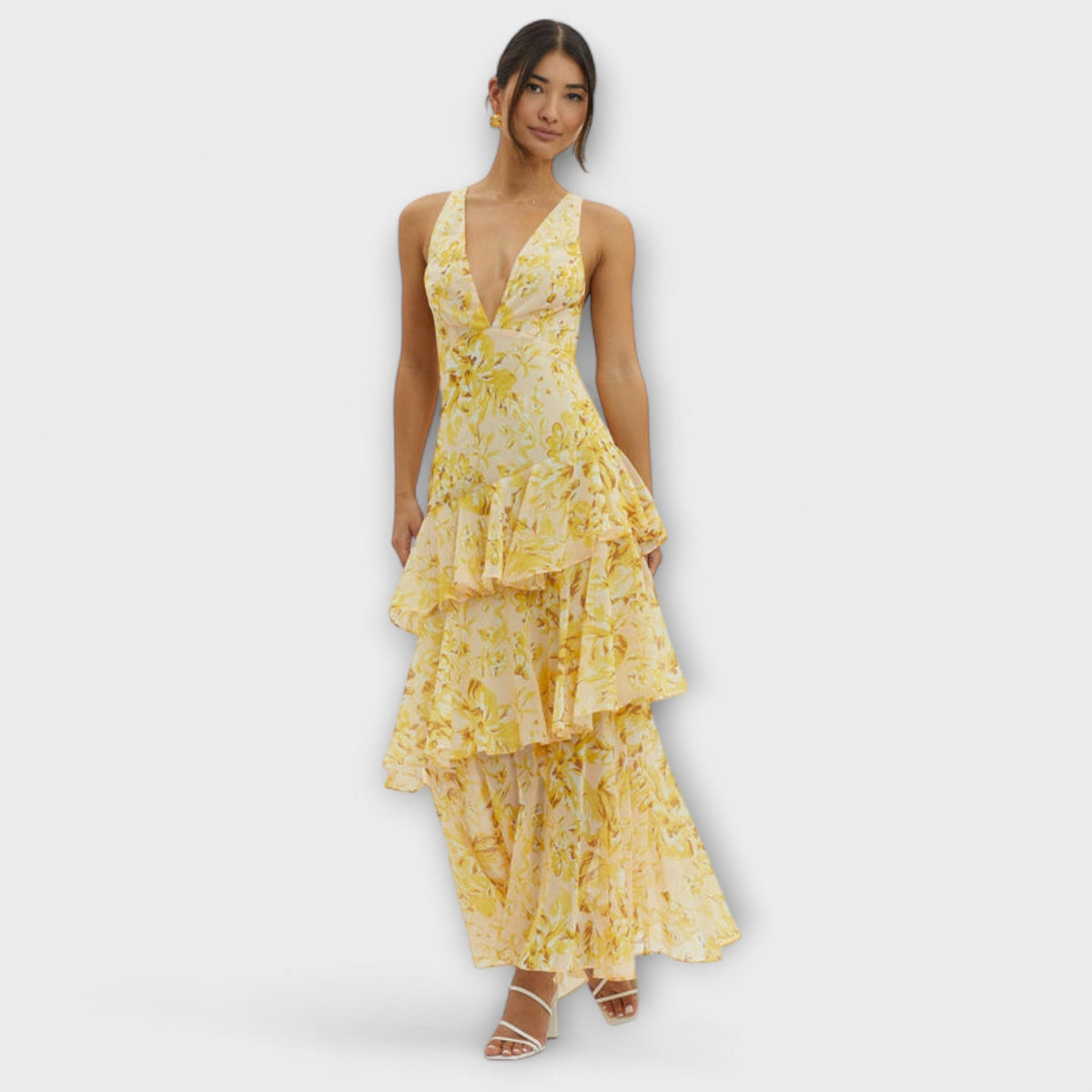 Faye - Robe Midi à Étages Rouge à Motif Floral