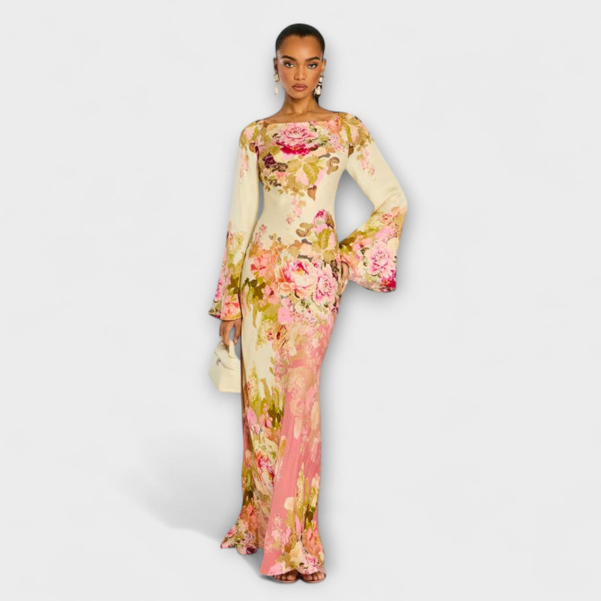 Kelly - Robe Longue Crème à Motif Floral