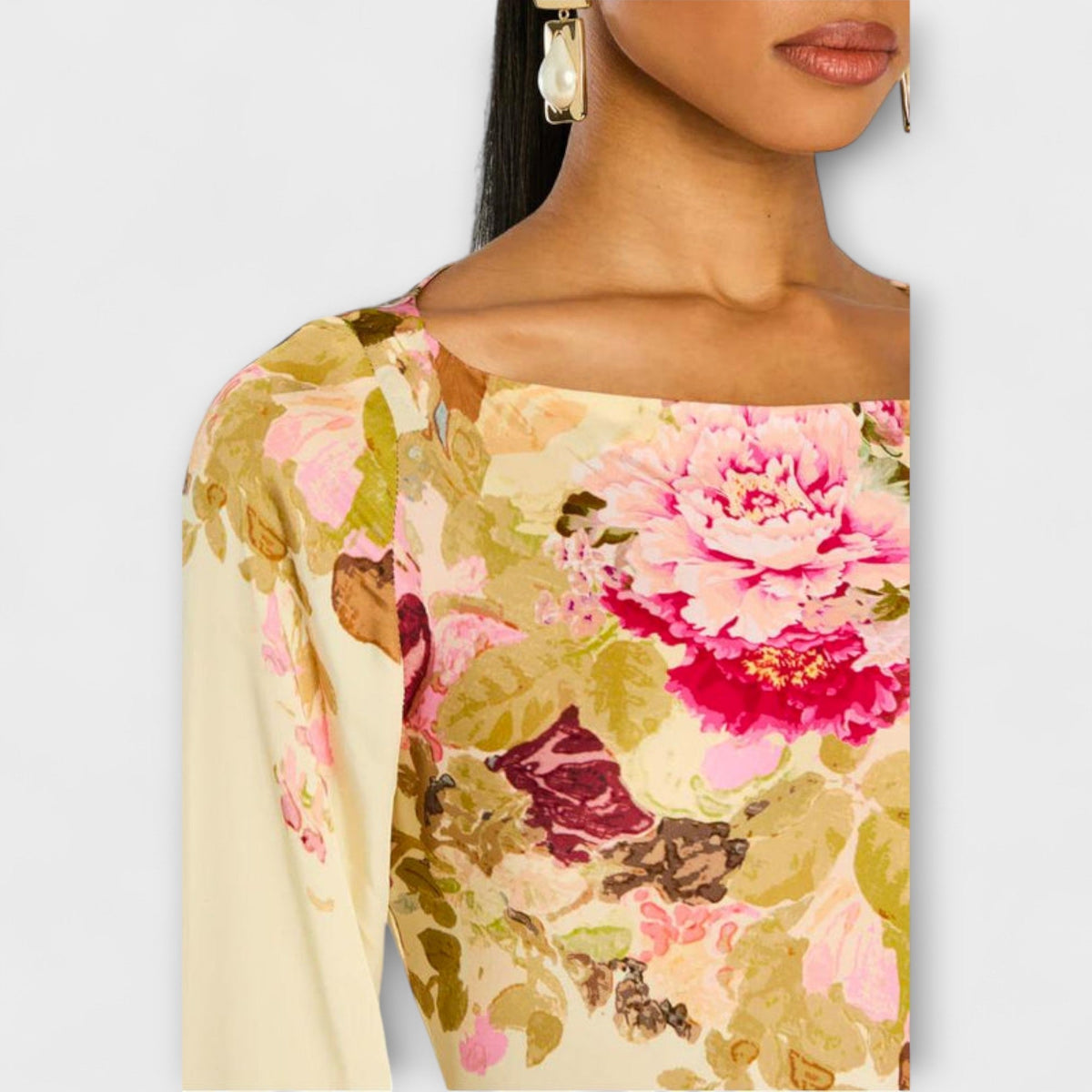 Kelly - Robe Longue Crème à Motif Floral