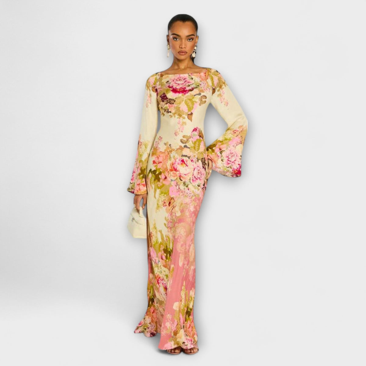 Kelly - Robe Longue Crème à Motif Floral