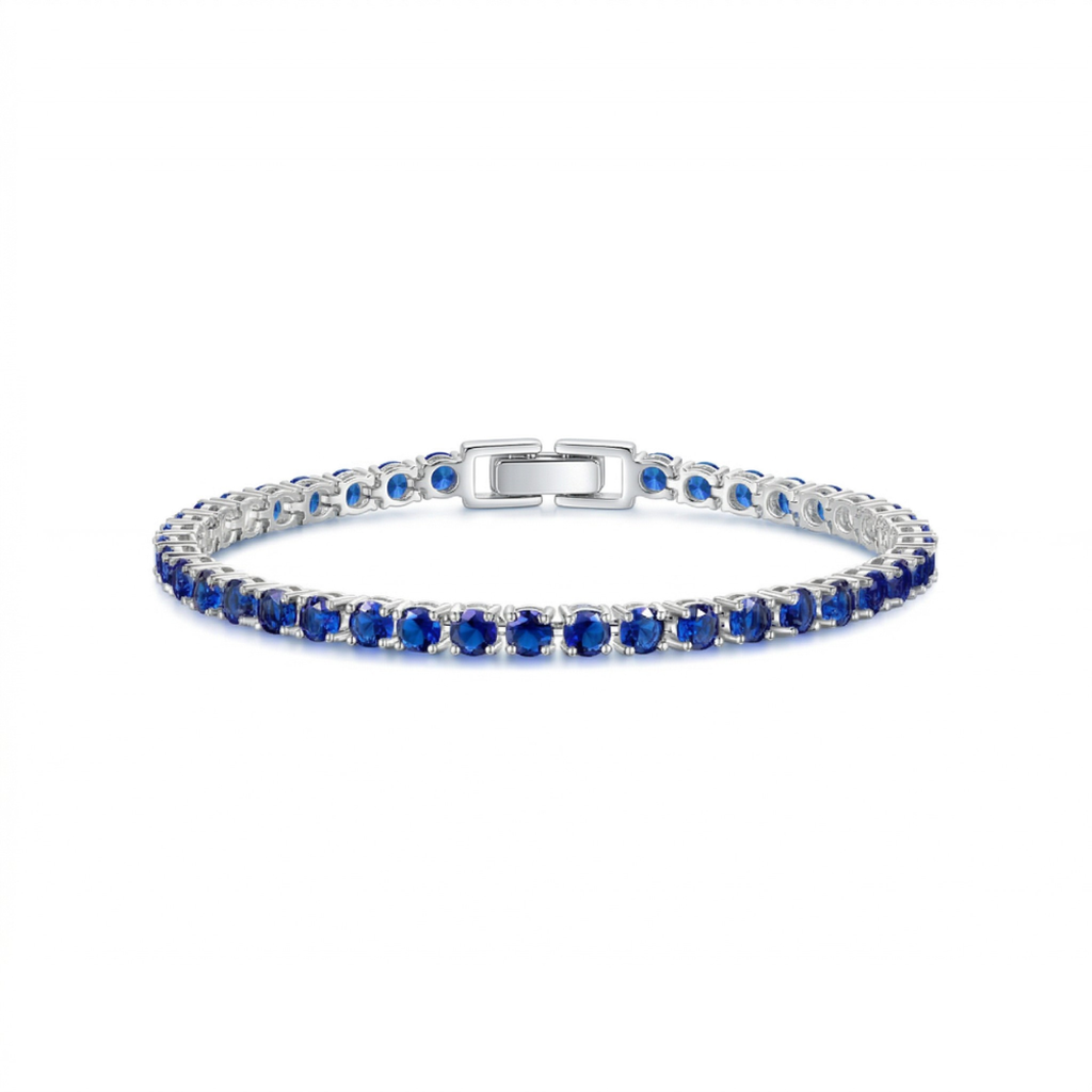 Bracelet tennis argenté à pierres bleu saphir