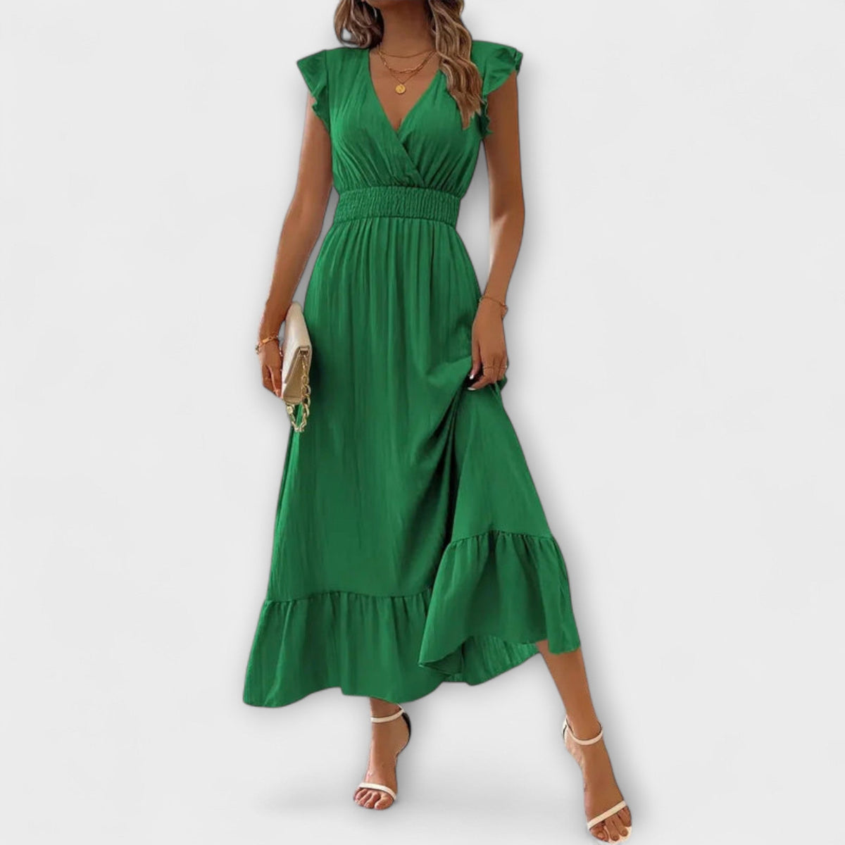 Poet - Robe Longue Verte à Volants et Col V