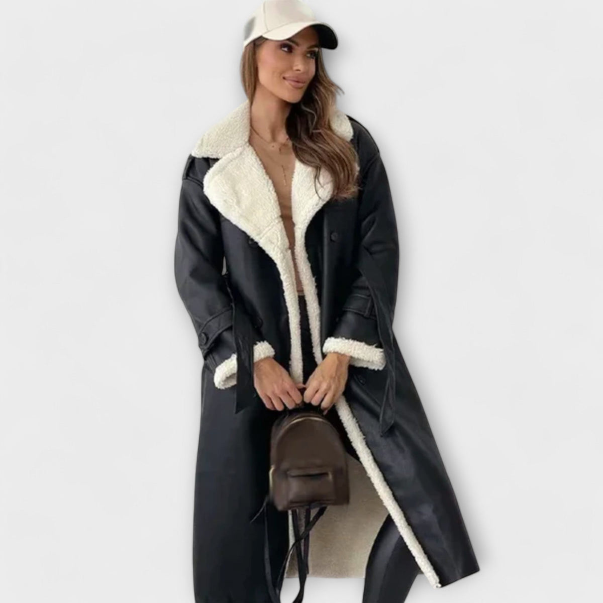 Maria - Veste Longue Classique Noire Doublée Fourrure