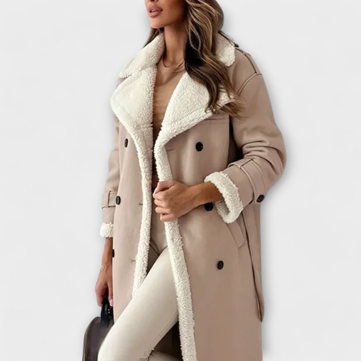 Maria - Veste Longue Classique Noire Doublée Fourrure