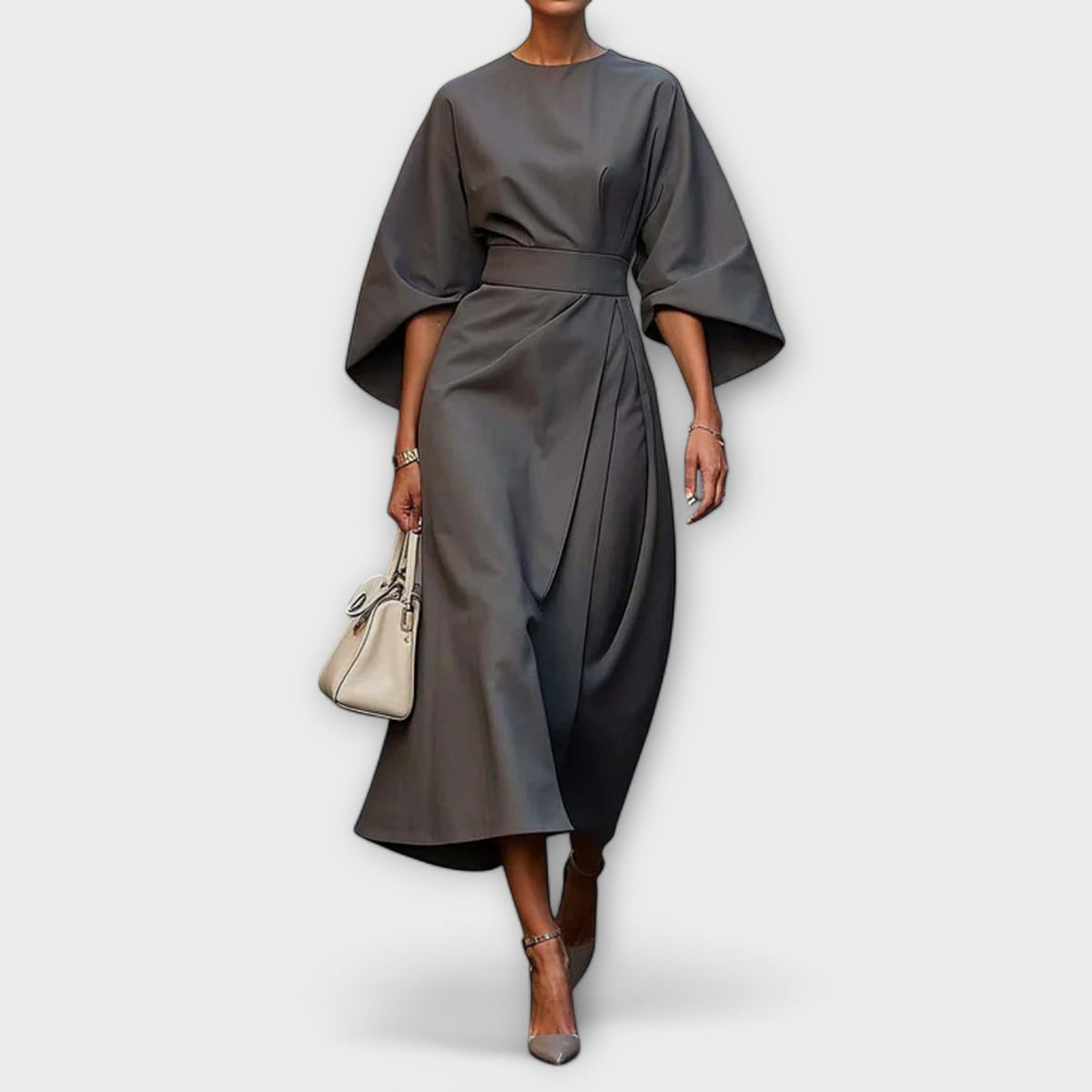 Sonia - Robe en Satin Élégante Vert Olive à Manches