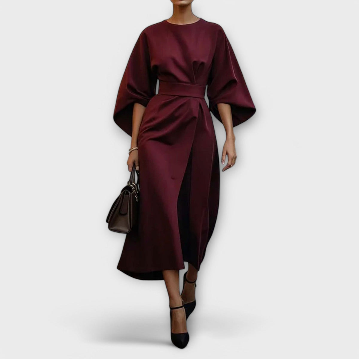 Sonia - Robe en Satin Élégante Vert Olive à Manches