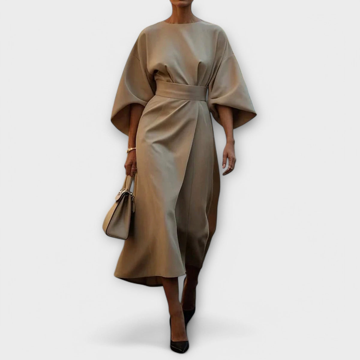 Sonia - Robe en Satin Élégante Vert Olive à Manches