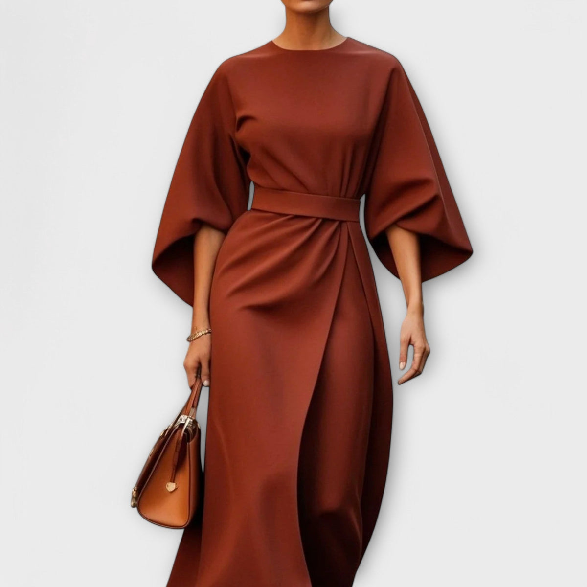 Sonia - Robe en Satin Élégante Vert Olive à Manches