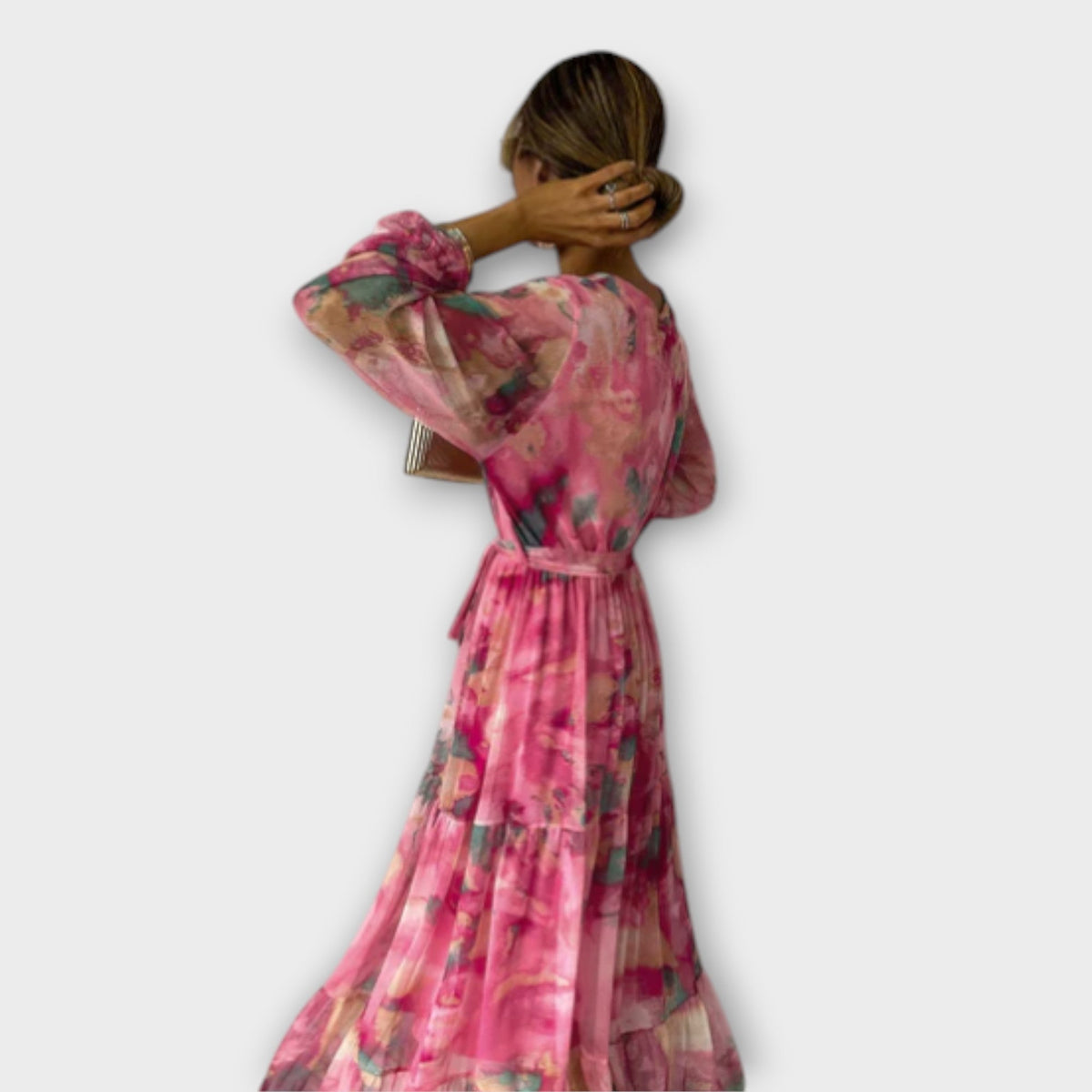 Evelyn - Robe Longue Rose à Motif Aquarelle