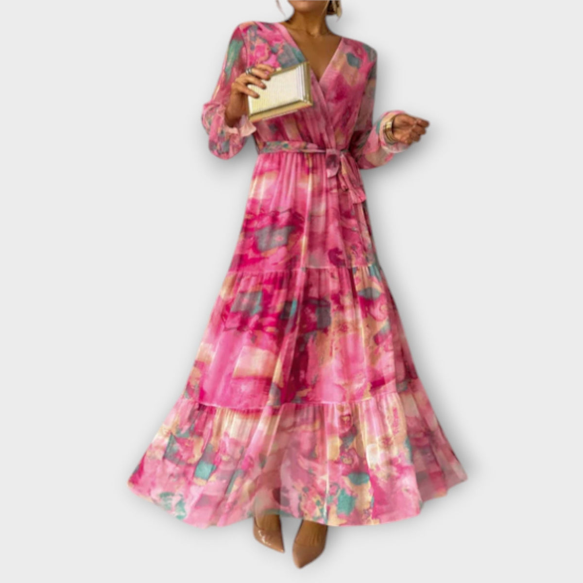 Evelyn - Robe Longue Rose à Motif Aquarelle