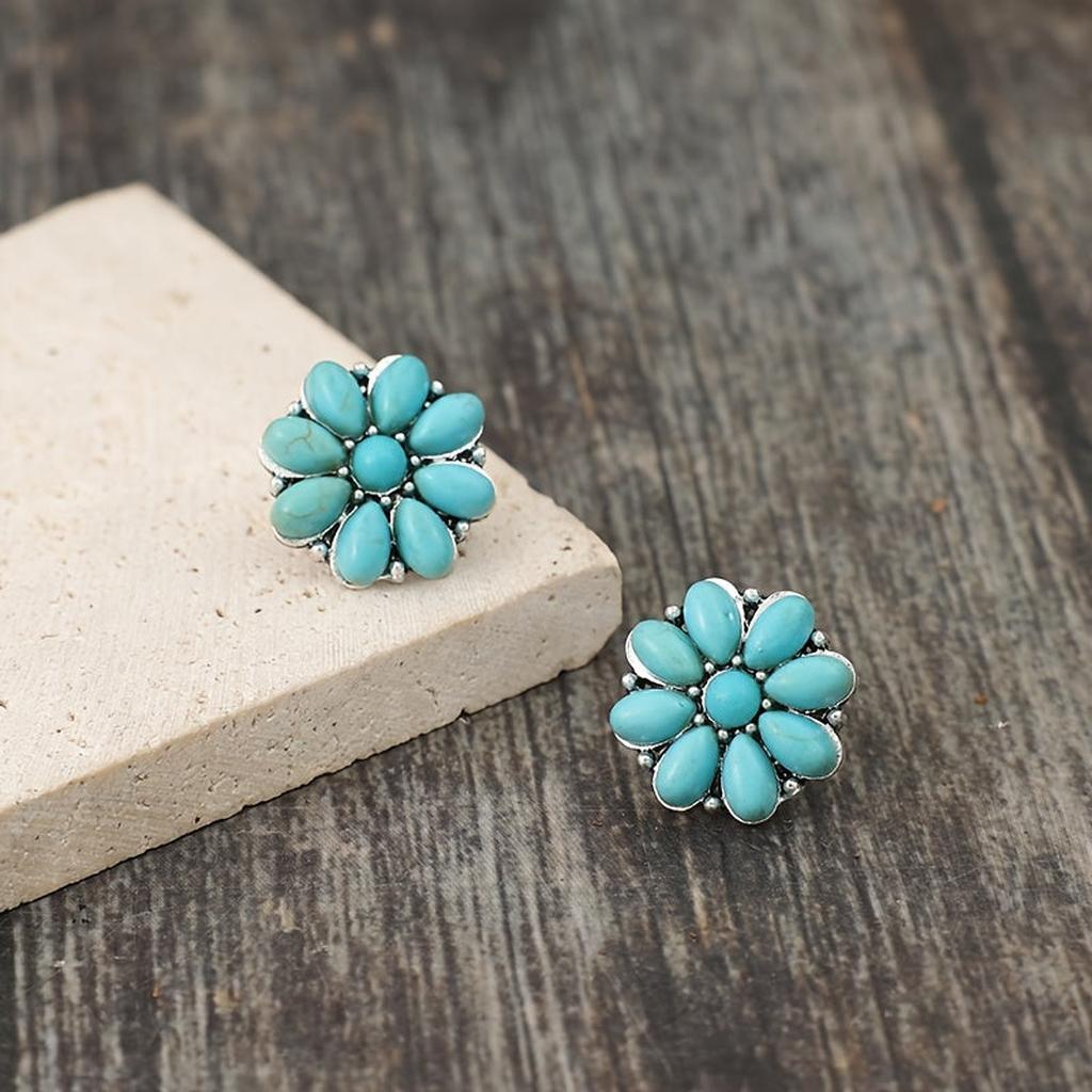 Boucles d’oreilles fleurs turquoise Serelith | Or blanc