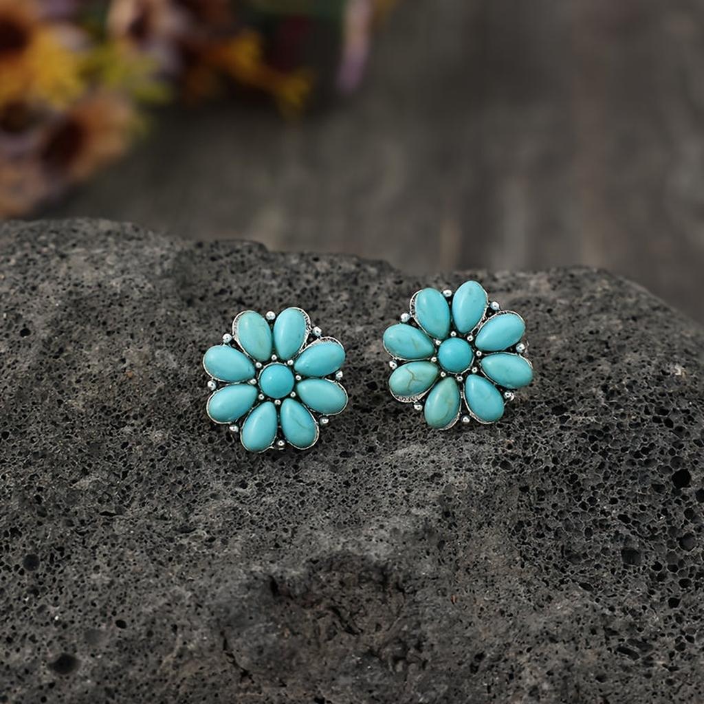 Boucles d’oreilles fleurs turquoise Serelith | Or blanc