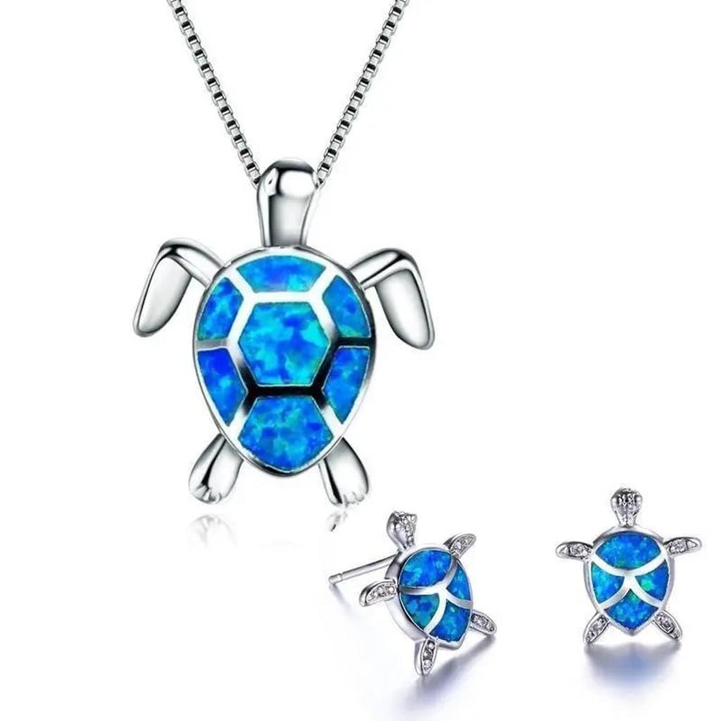 Parure tortue marine — Collier et boucles d’oreilles effet opale