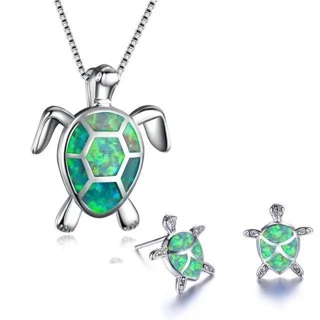 Parure tortue marine — Collier et boucles d’oreilles effet opale