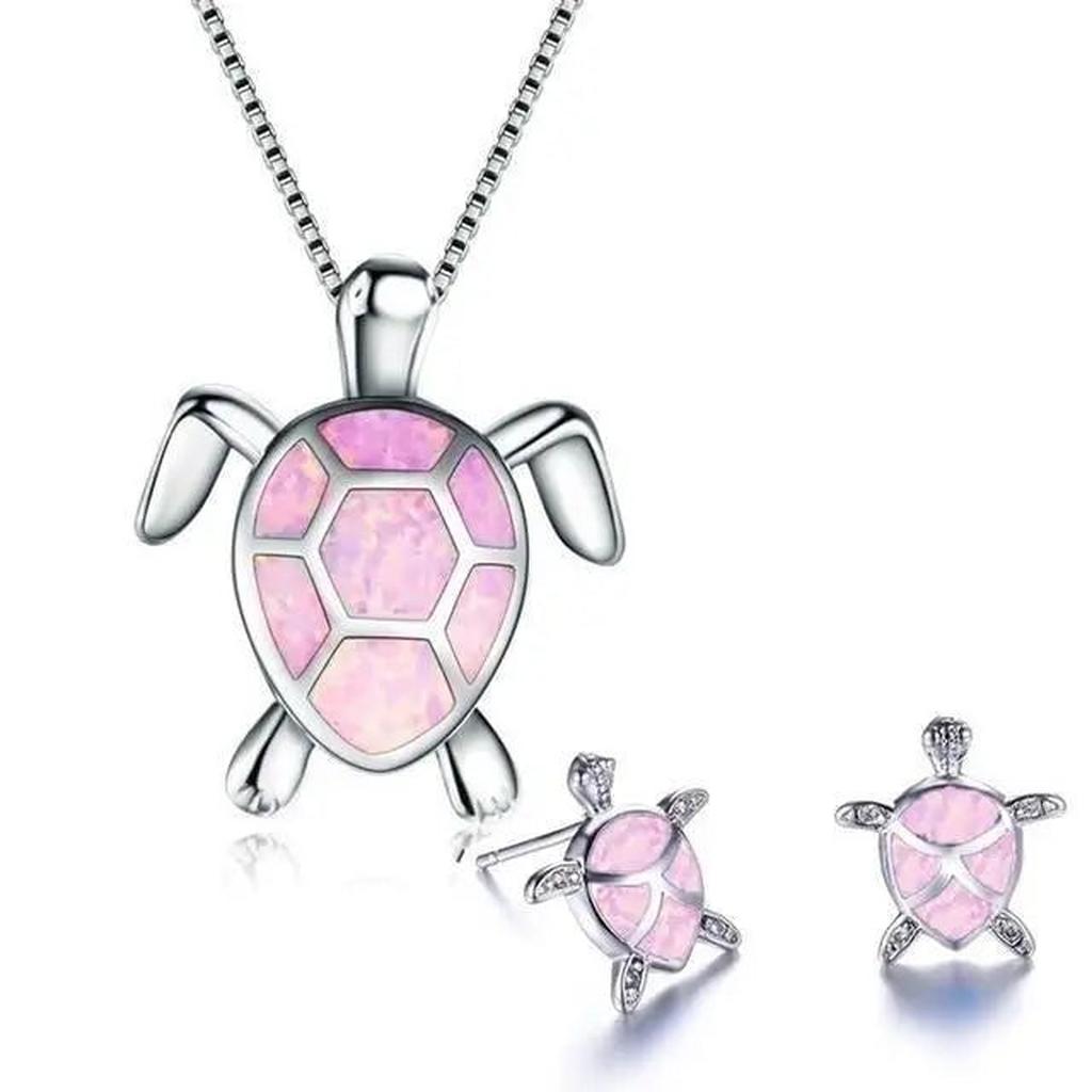 Parure tortue marine — Collier et boucles d’oreilles effet opale