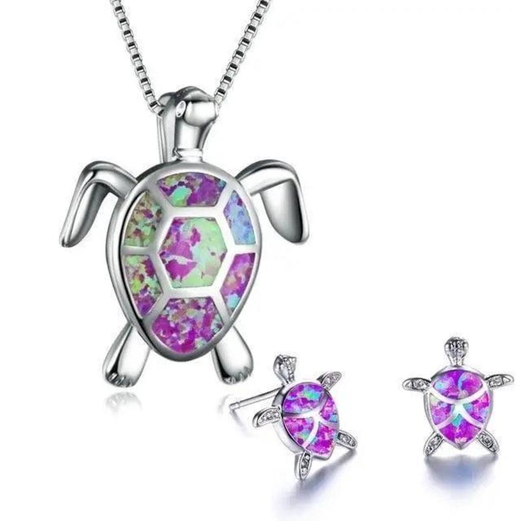 Parure tortue marine — Collier et boucles d’oreilles effet opale